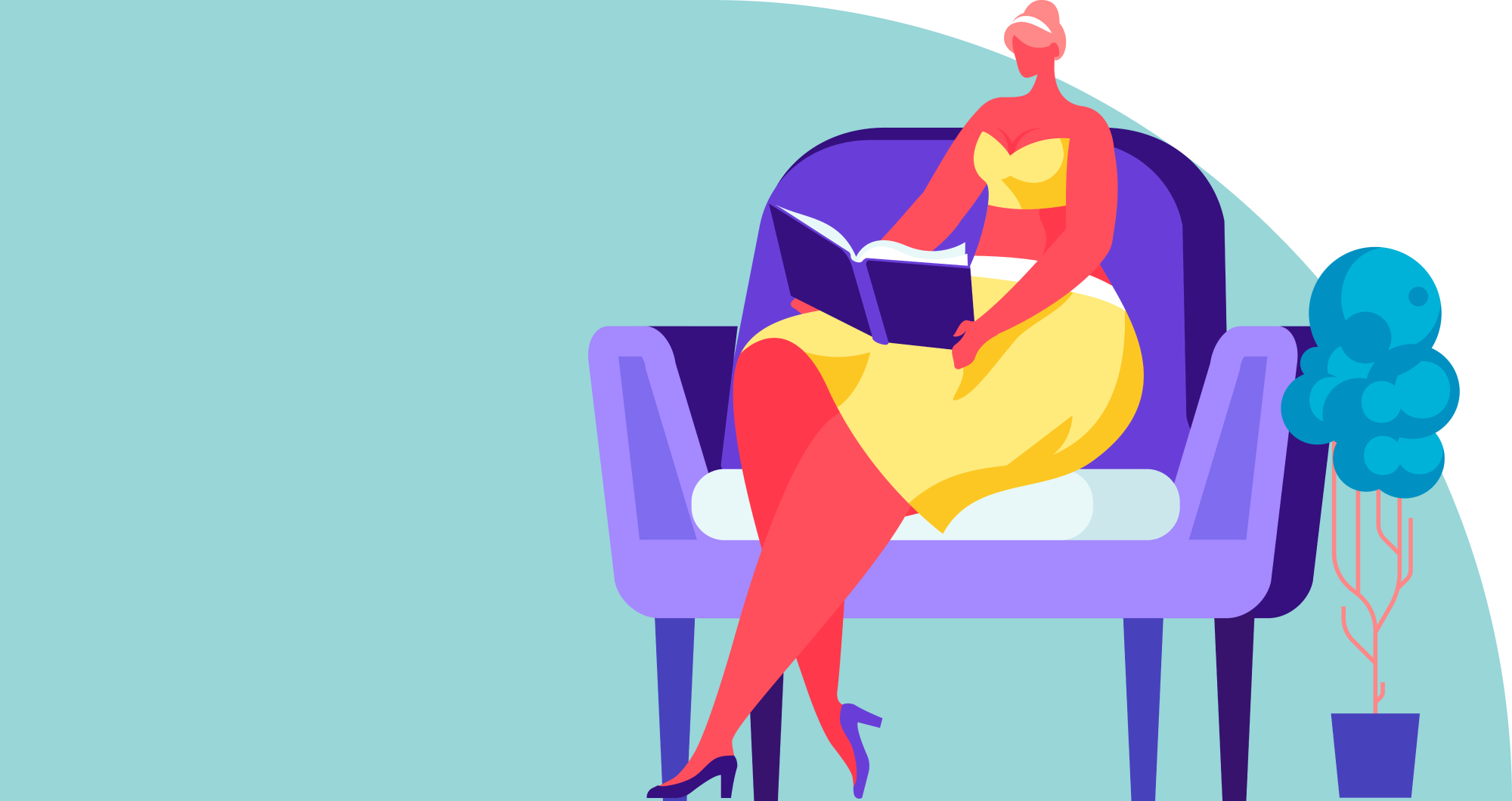 Illustration of a woman reading in a large chair next to a plant.