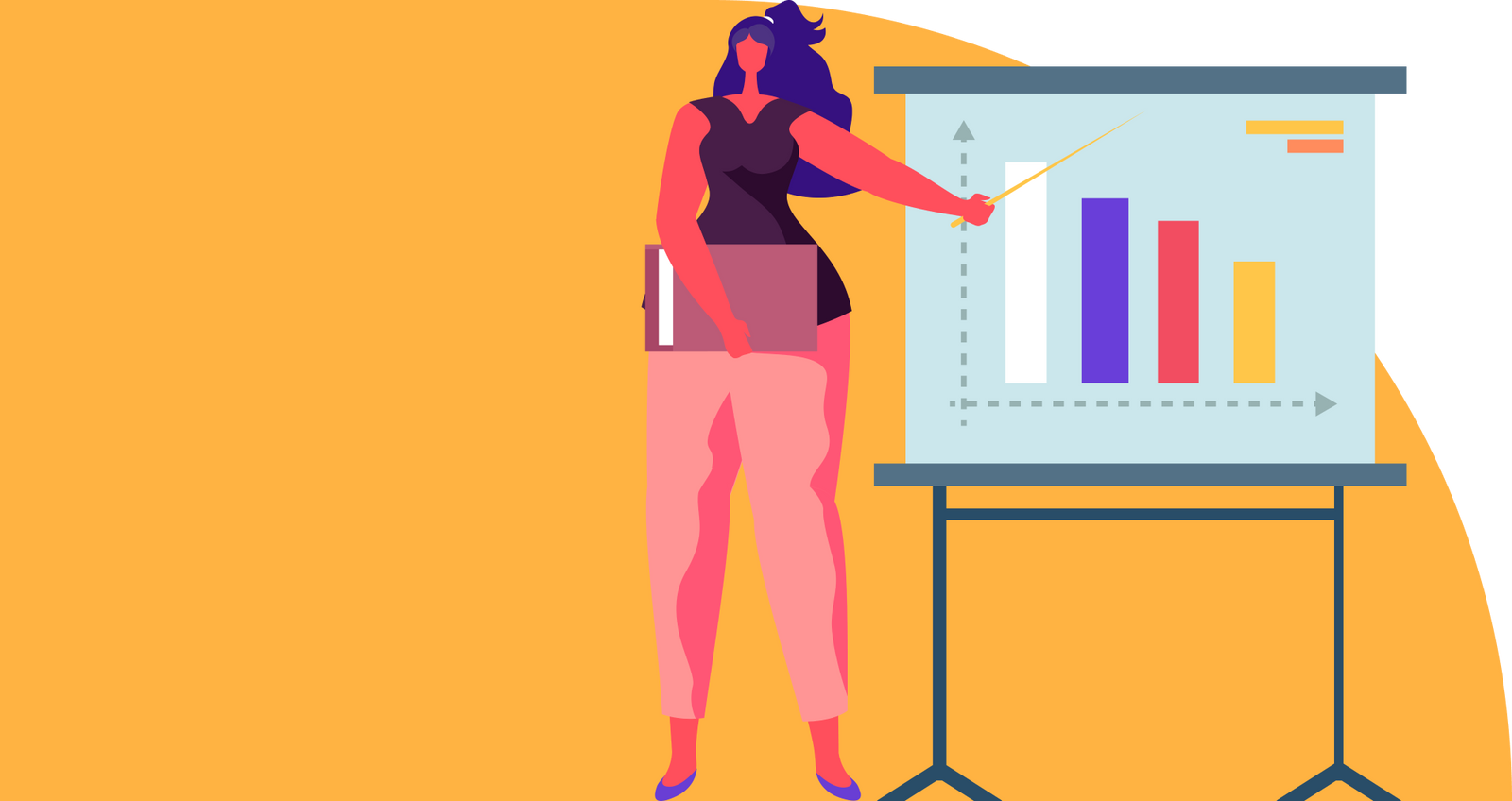 A cartoon woman pointing to a sizing chart